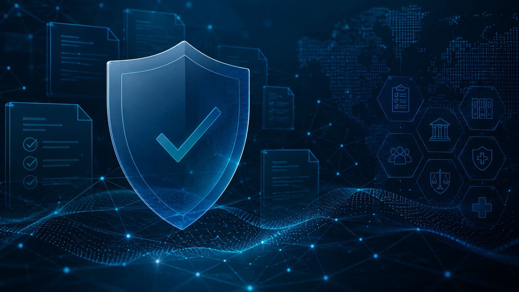 Ilustração de compliance e inteligência regulatória com escudo digital, documentos e ícones institucionais